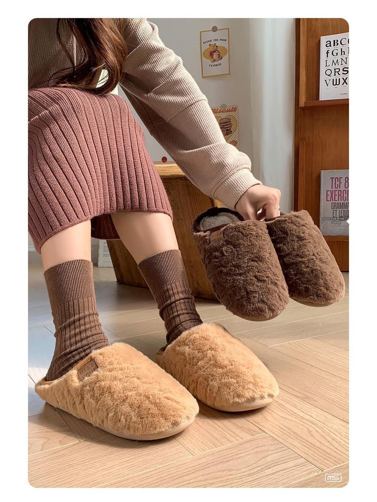 2025 Autumn/Winter Warm Plush Cotton Floor Slippers - Solid Color Home Comfort for Postpartum