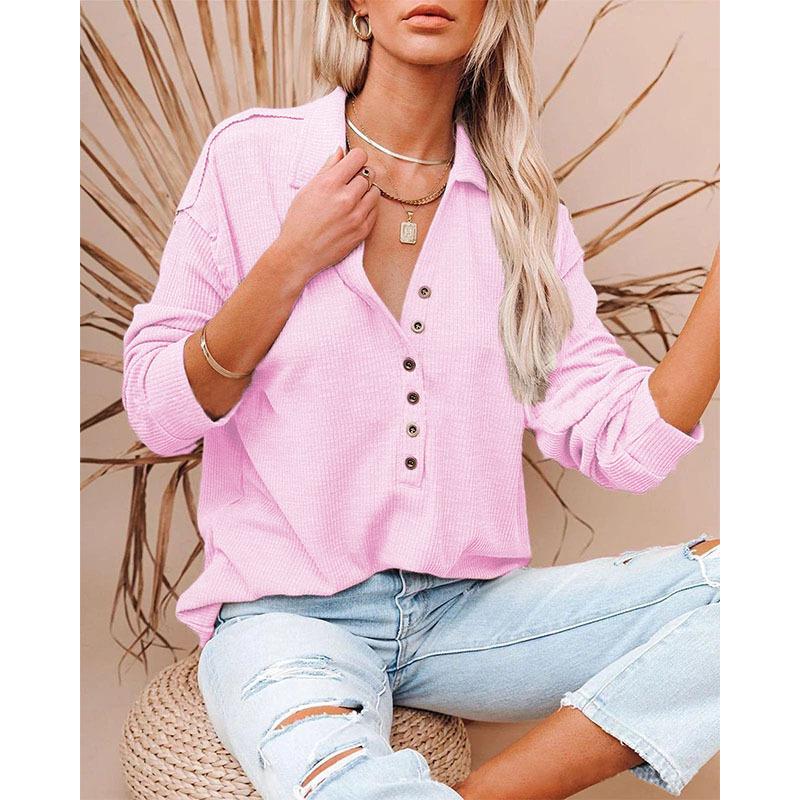 Mote T-skjorte for kvinner Høst Langermet Ensfarget V-hals Knapper Skjorter Casual Oversized Dame Topper