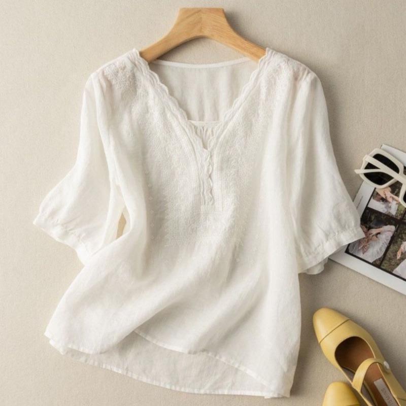 Women S Vintage Literary 3 4 Sleeve Embroidered V Neck Cotton Linen Shirt