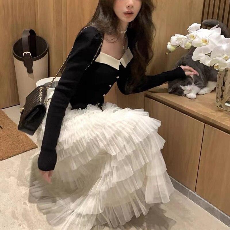 Elegant Vintage Knitted Outwear Blouse Women French Casual Korean Style Short Sweater Long Sleeve Y2k Slim Pullover Female 27289