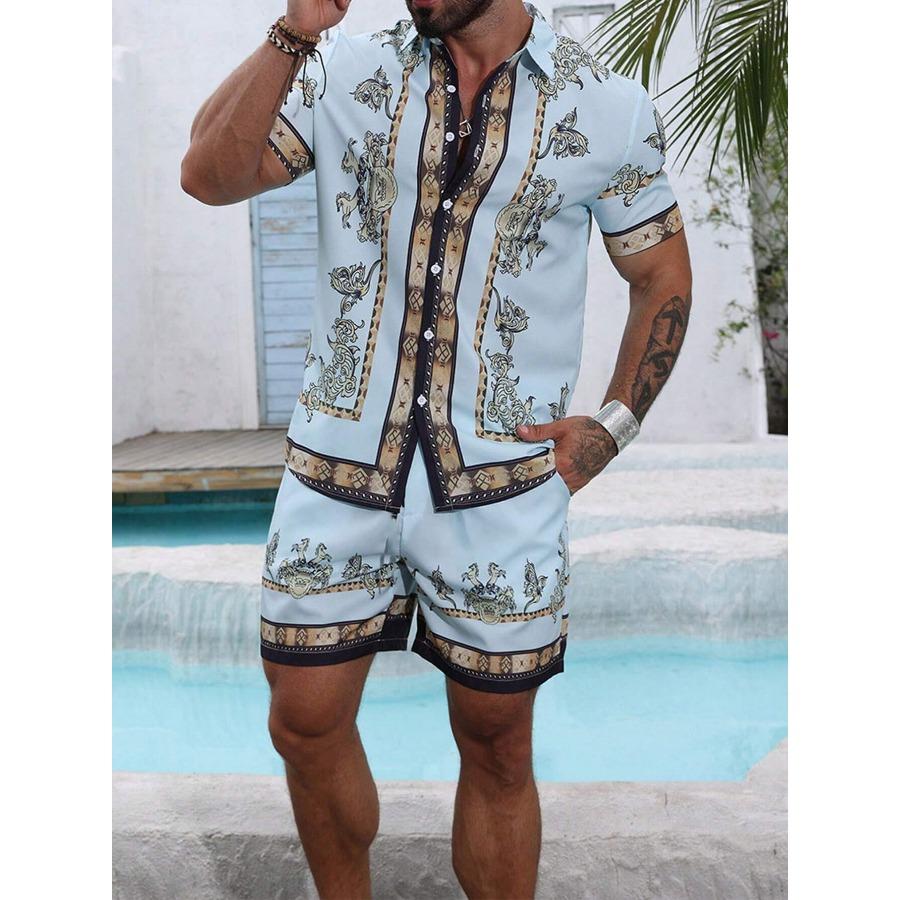Barocker Luxus-Print Herrenhemd und Shorts Zweiteiler, Sommer Casual Hemd, Hawaiianisches Strandhemd Kurzarm M gray
