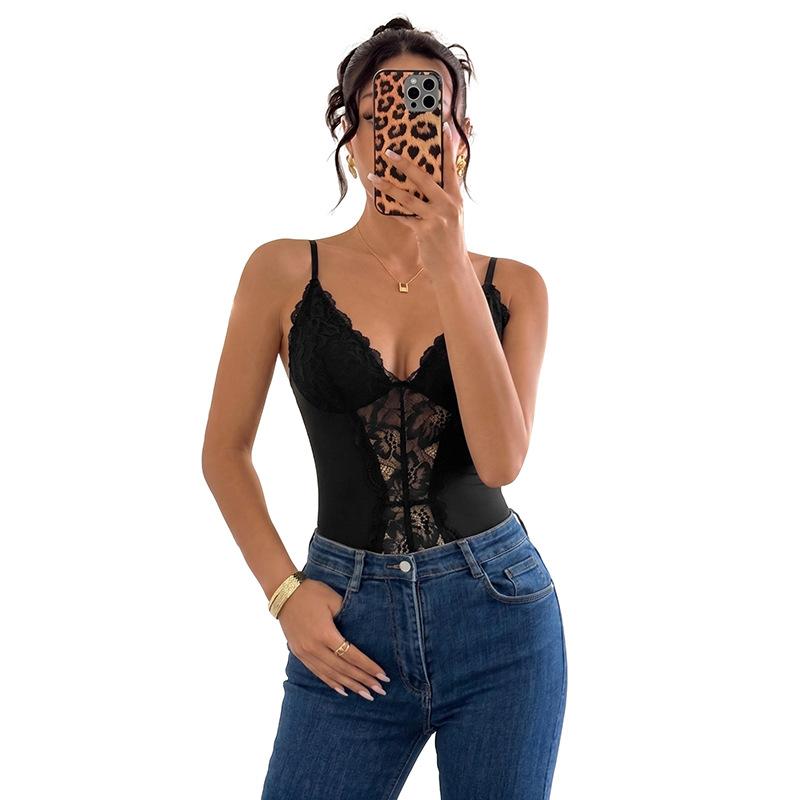 Sexy Patchwork Lace Perspective V Neck Backless Suspender Bodysuit For Women
