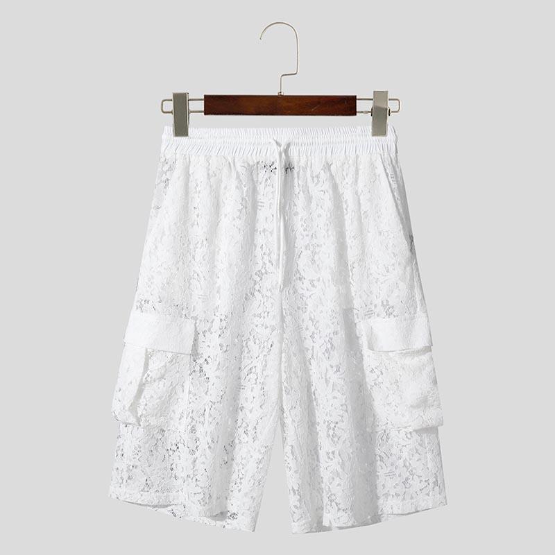 

INCERUN Мужские эластичные брюки с кружевной отделкой, полые, прозрачные, без подкладки, короткие, с широкими штанинами 5XL белый