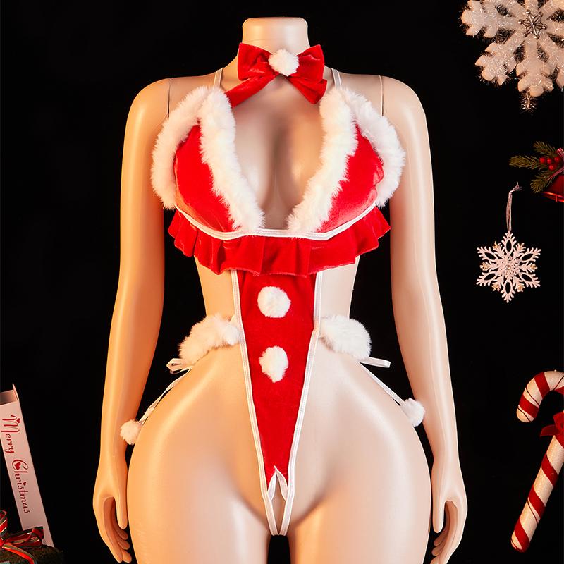 Women's Christmas Sexy Bunny Red Bodysuit Bow Tie Decoration Underwear Deep V Hollow Backless Sexy Christmas Gift Lingerie Set