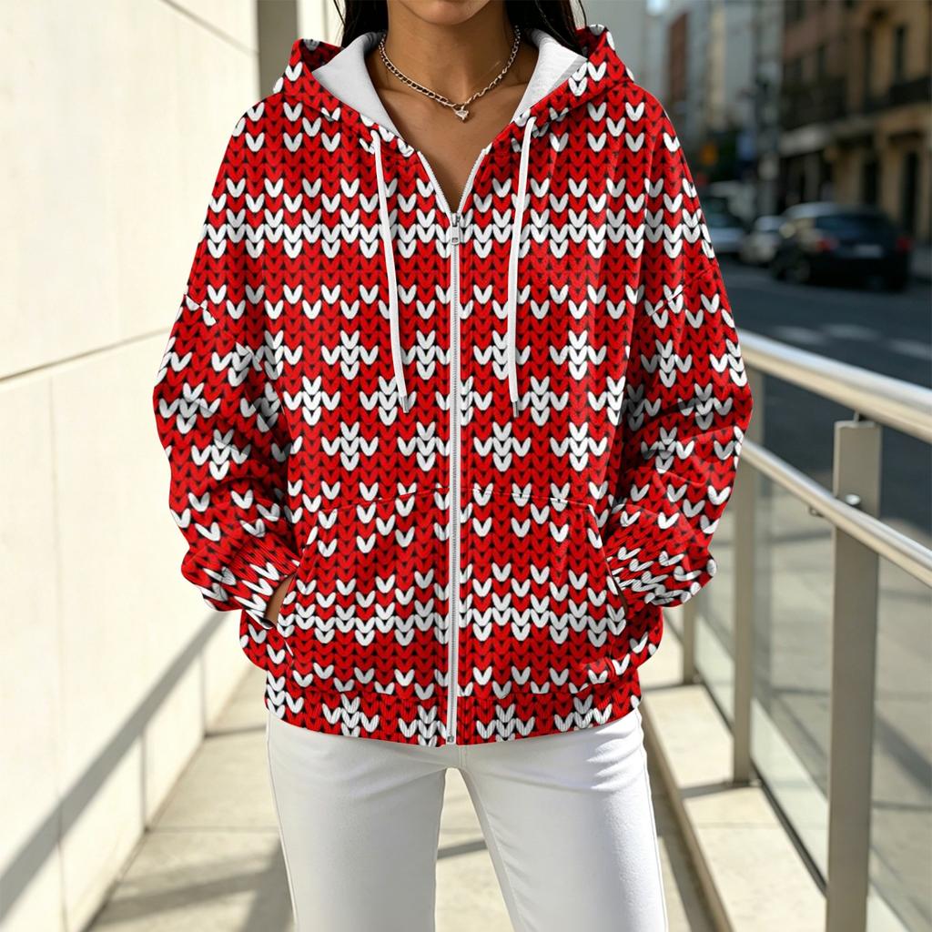 Women's Casual Loose Fit -Lined Printed Hooded Zip-Up Cardigan