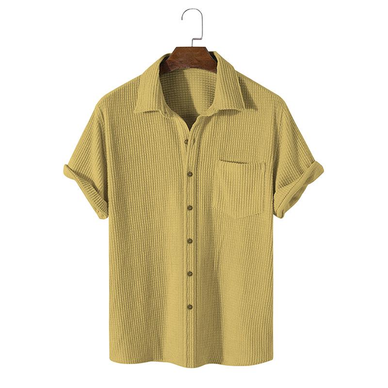 Men's 2025 Summer Waffle Solid Color Single-Breasted Turn-Down Collar Shirt