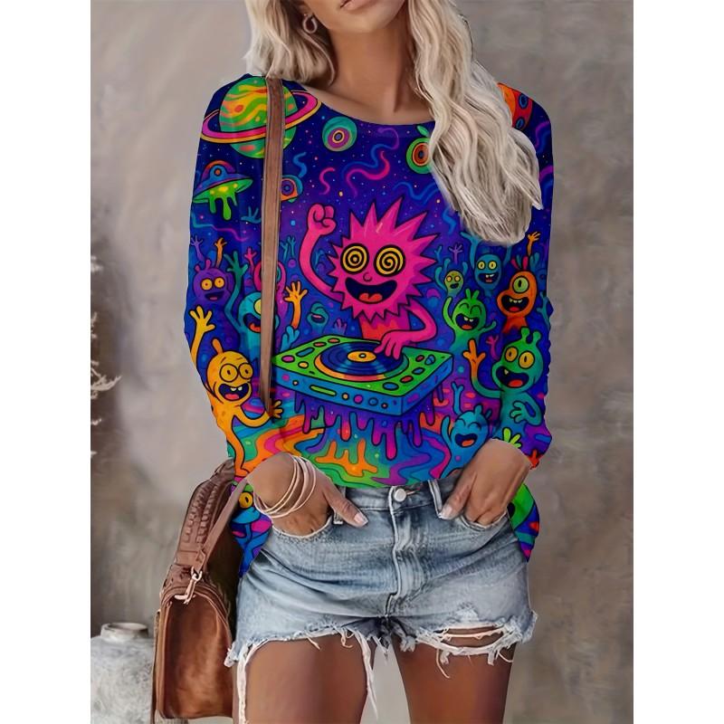 Womens Casual Abstract Print Long Sleeve Crew Neck T-Shirt 3D Effect 2025 Comfort Fit