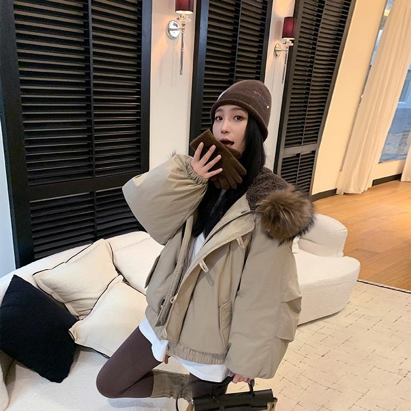 Korean Style Women Hooded Short Coat Horn Buttons Big Fur Collar Winter Warm Thickened Workwear Jacket