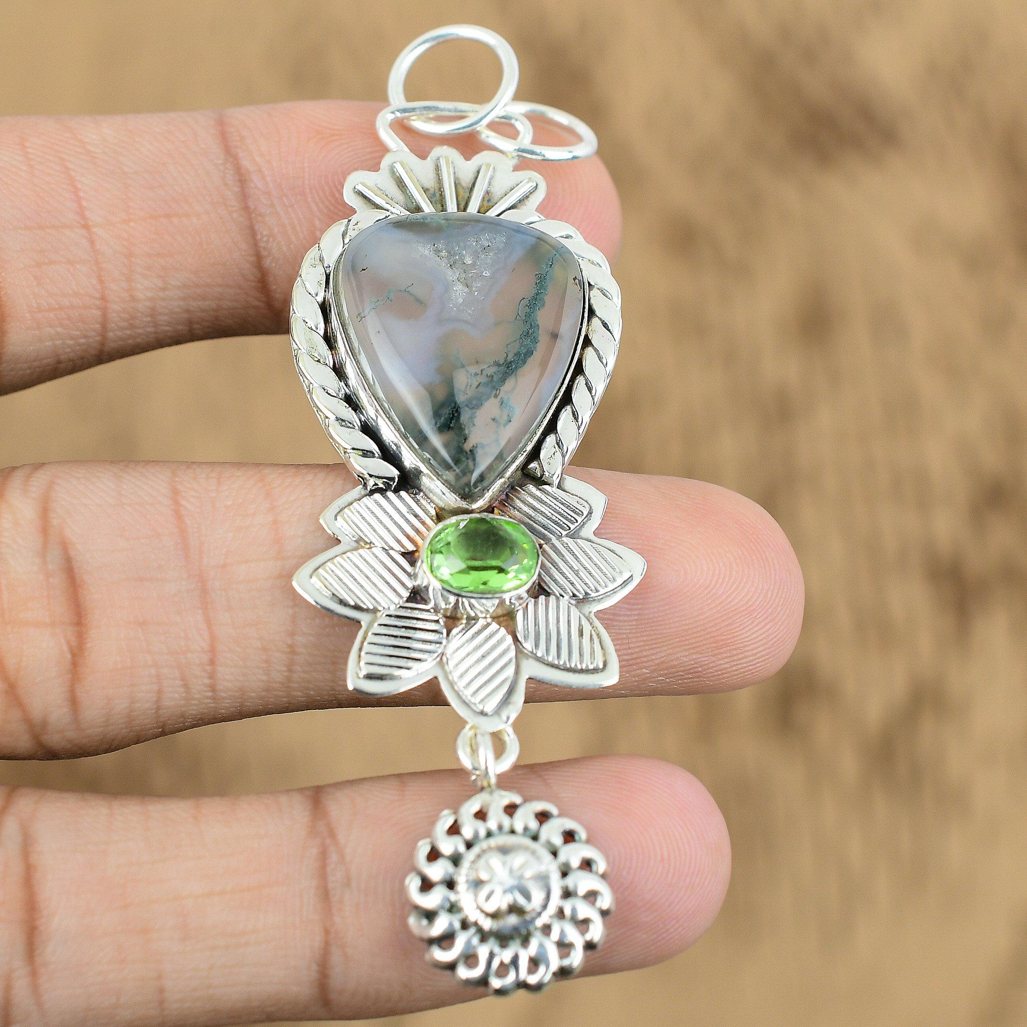 

Natural Solar Moss Agate Gemstone Jewelry 925 Sterling Silver Pendant For Women
