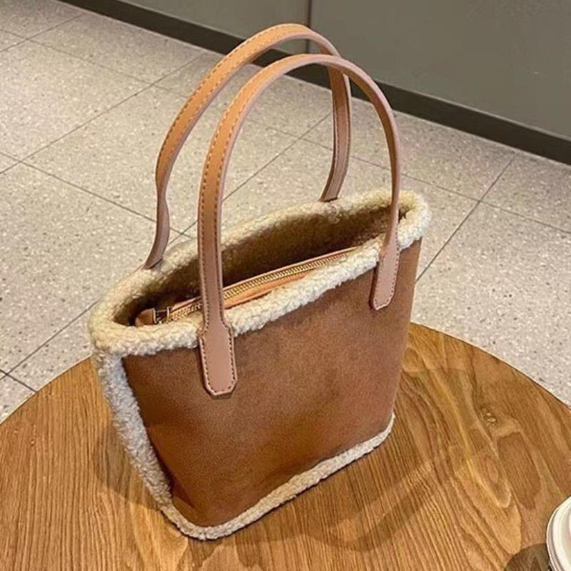 New Plush Faux Suede Sanded Handheld Tote Bucket Bag for Women Korean Fashion Casual Handbag Unique Design Female Shoulder Bag