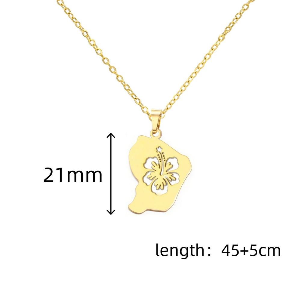 Reunion Map Outline Necklace Hibiscus Guadeloupe Martinique Pendant Necklaces Stainless Steel Guyane Map Necklace For Women
