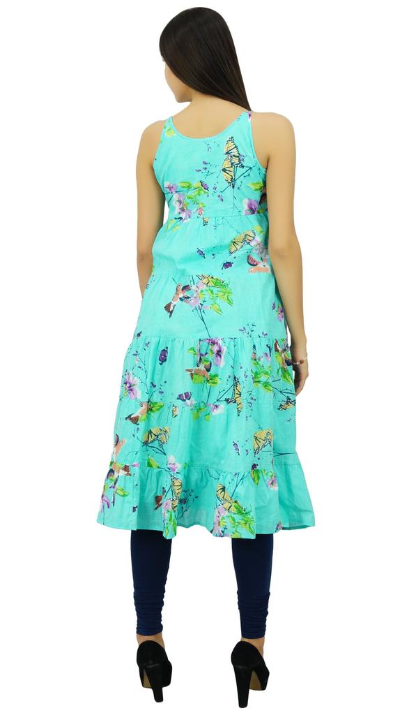 Bimba Women Print Cotton Dress Speghatti Strap Flaired Summer Beach Kurta Kurti Long Tunic Aqua