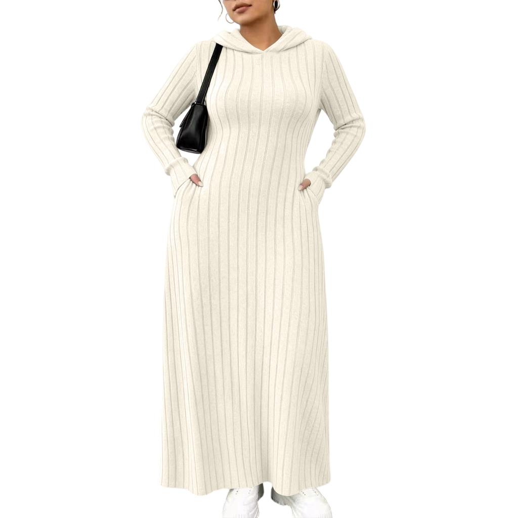 Women's Fashion Color Hooded Ribbed Dress with Slim Fit Cinched Waist and Pockets