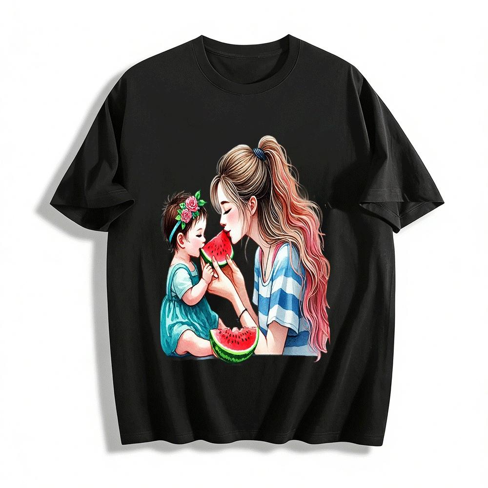 Mother And Daughter Watermelon Print Casual Summer Short Sleeve Tops Pure cotton T-shirt XXS