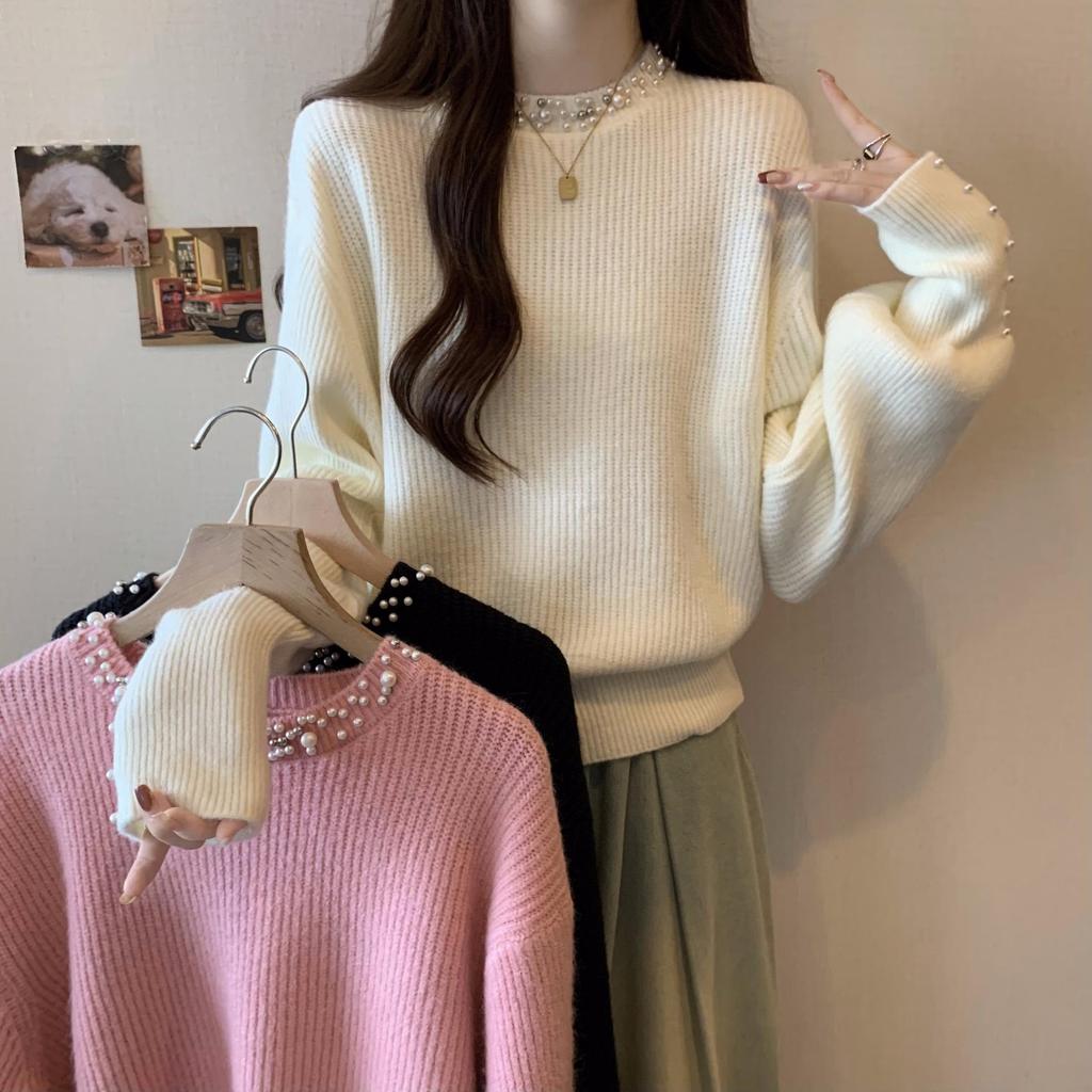 2026 Autumn/Winter Women's Beaded Pullover Sweater - High-End Korean Style Knit Base Layer