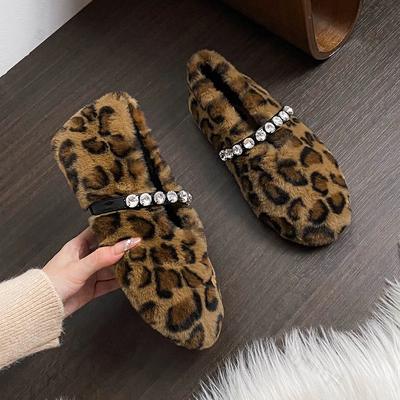 Mode Mode Leopardenfell Ballerinas Frau Designer Strass Schnalle Riemen Mary Jane Schuhe Damen Winter Warm Plüsch Flache Slipper