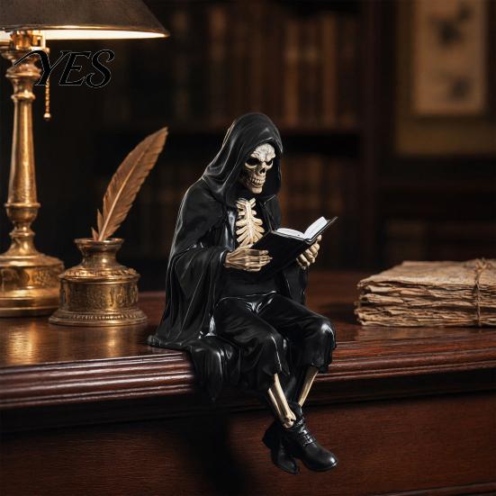 Scultura Diavolo Lettore Halloween Scheletro Statuetta Libro, Scultura Resina Spettrale, Ornamento Gotico Statua Mietitore con Veste Nera per Casa Ufficio