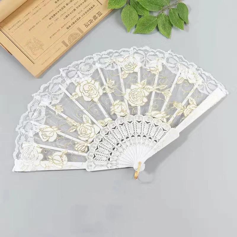 1pc-Chinese Style Vintage Retro Foldable Hand Fan Rose Lace Folding Handheld Fan for Dance Wedding Decoration Party Favor Gifts