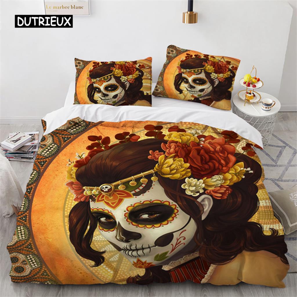 Skull Duvet Cover Red Rose Skeleton Queen Floral Skeleton Traditional Mexican Halloween Double Queen King Polyester Qulit Cover