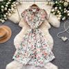 Robe de bal en dentelle ajourée vintage pour femme 2026 Été Manches Courtes Coupe Ajustée Taille Haute Mini-Robe Florale