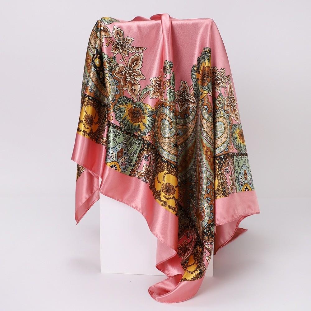 Bohemian Women Muslim Hijab Bandana 90*90cm Print Silk Headkerchief Satin Square Scarf Office