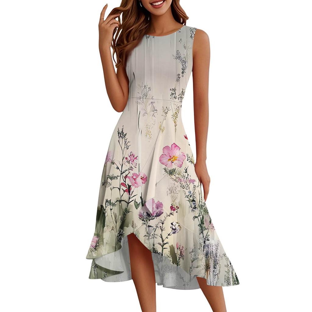 Damenmode Lässig Reißverschluss Ärmellos Rundhals Bedruckt Elegant Temperament Rüschenkleid Kleider