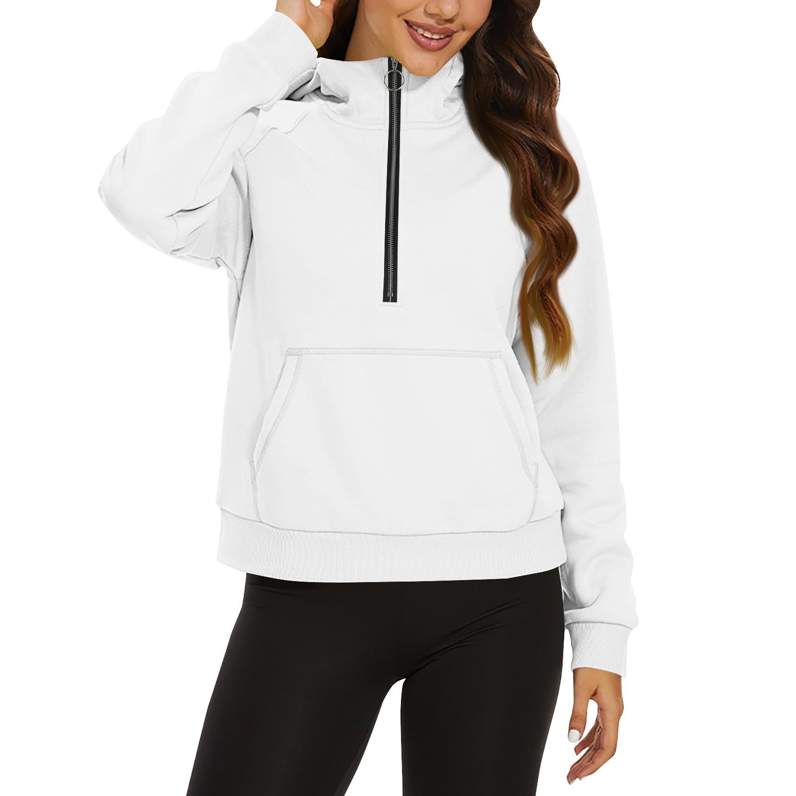 

Женская повседневная модная однотонная свободная толстовка с длинным рукавом и карманом на молнии с капюшоном XL белый