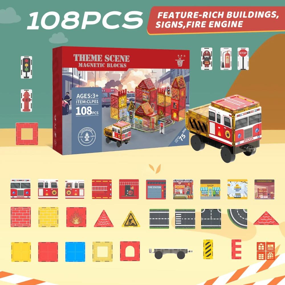 Magnetic Building Blocks Firefighting Theme Magnet Tiles with Fire Truck & Station Kids Montessori STEM Educational Sensory Toys