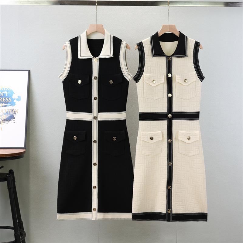 Francouzské malé parfémové temperamentní klopové pletené šaty dámské plus size módní vestové šaty