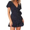 Summer V-neck Printed Short-sleeved Skirt, Lace-up Ruffled Dress, Fashionable, Sexy, Elegant and Generous Ladies Long Skirt