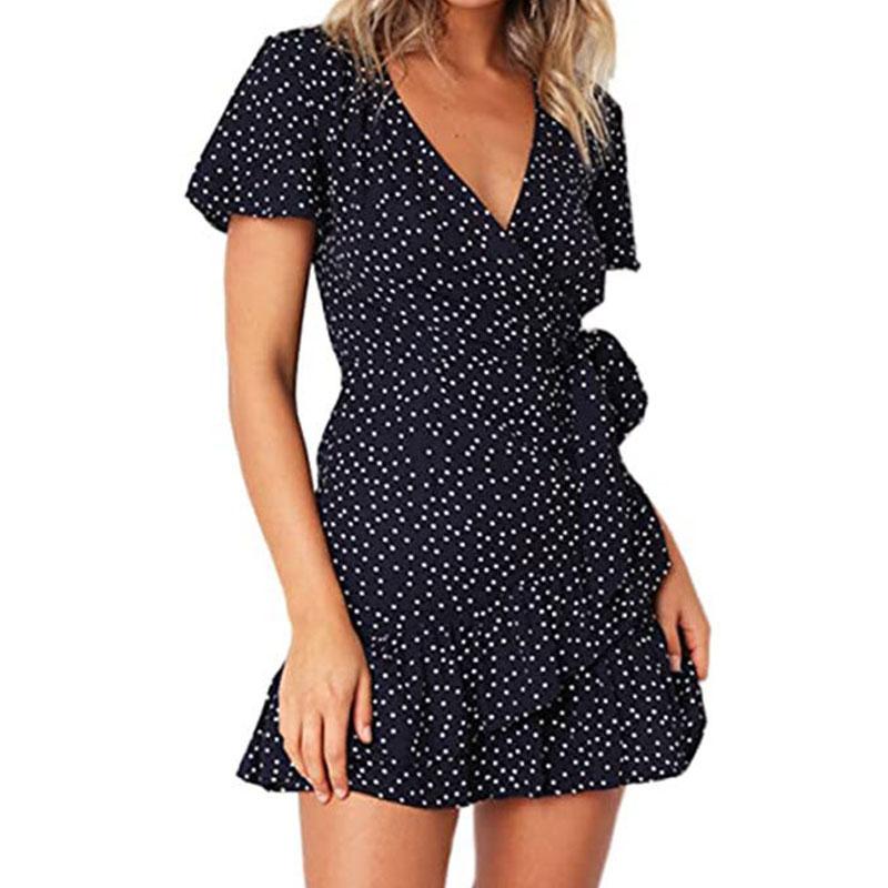 Summer V-neck Printed Short-sleeved Skirt, Lace-up Ruffled Dress, Fashionable, Sexy, Elegant and Generous Ladies Long Skirt