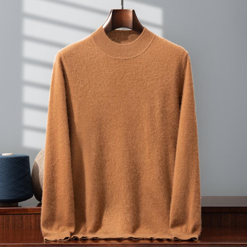 Men's 100% Pure Cashmere Double-Layer Sweater, Semi-High Neck, 2025 Autumn/Winter Thick Knit Base Layer