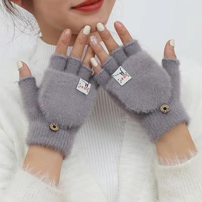 Thickened Plush Half Finger Flip Cover Gloves for Men Women Fashion Warm Solid Knitted Gloves Student Writing Gloves