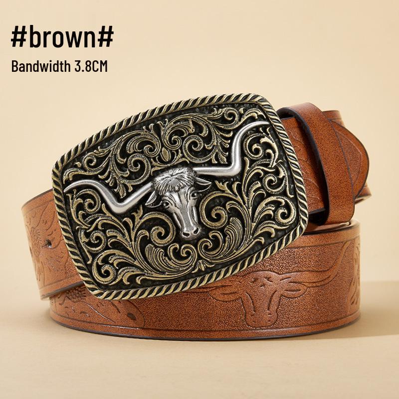 Men's Bull Head Western Leather Belt with Large Buckle