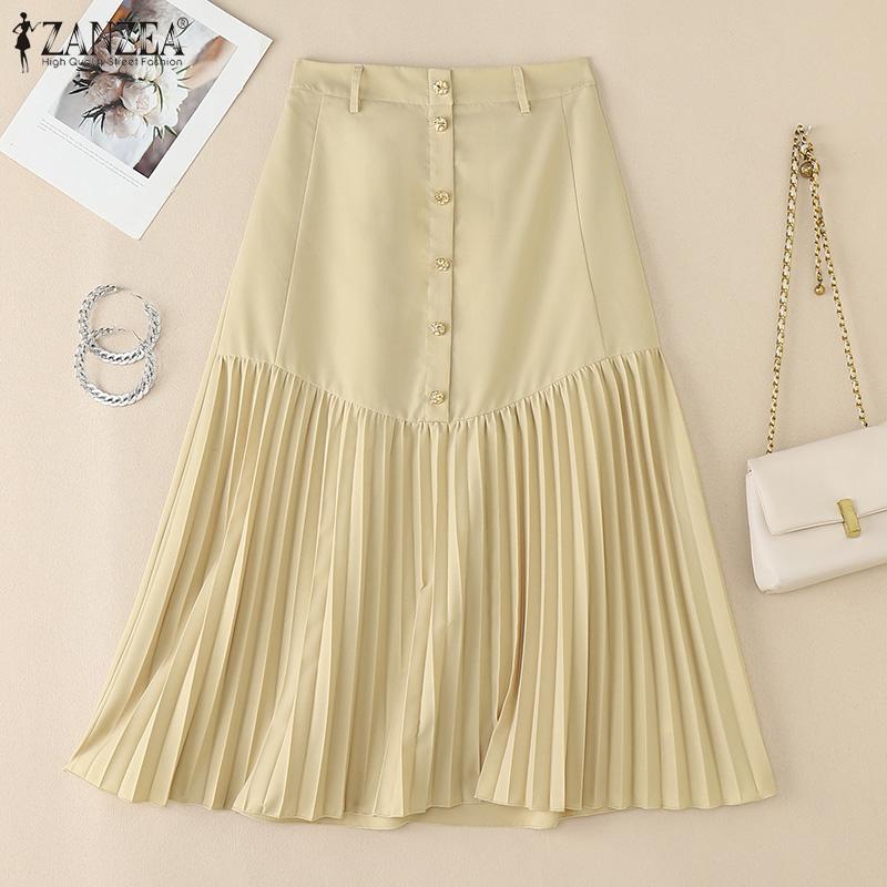 ZANZEA Women Casual Solid Color Loose Pleated Skirts