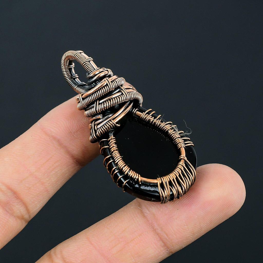 Black Obsidian Gemstone Handmade Pure Copper Wire Wrap Jewelry Pendant For Women
