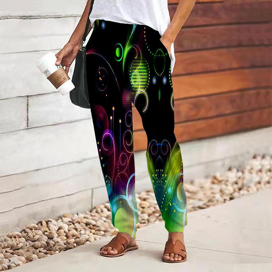 Women Musical Note Printing Pants Lace Up Elastic Waist Loose  Trousers Casual Long Pants Trousers with Pockets