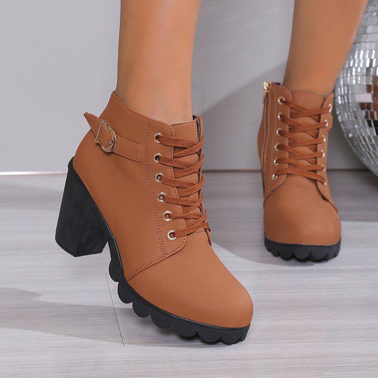 Klasyczne damskie botki w stylu koreańskim - Duży rozmiar, Ciepłe, Okrągły nosek, Gruby obcas, Modne wysokie obcasy