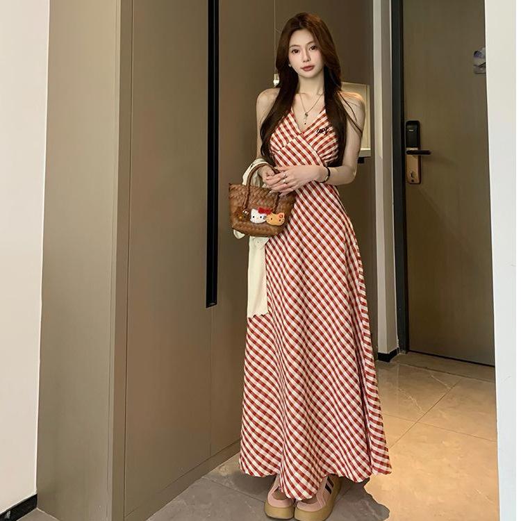 Blue plaid neck dress women s summer 2026 new waist backless long retro seaside vacation suspender skirt S