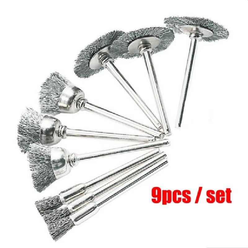 9Pcs Mini Steel Wire Brush Drill Rotary Tool Cleaning Brush Wheel Metal Rust Removal Polishing Disc