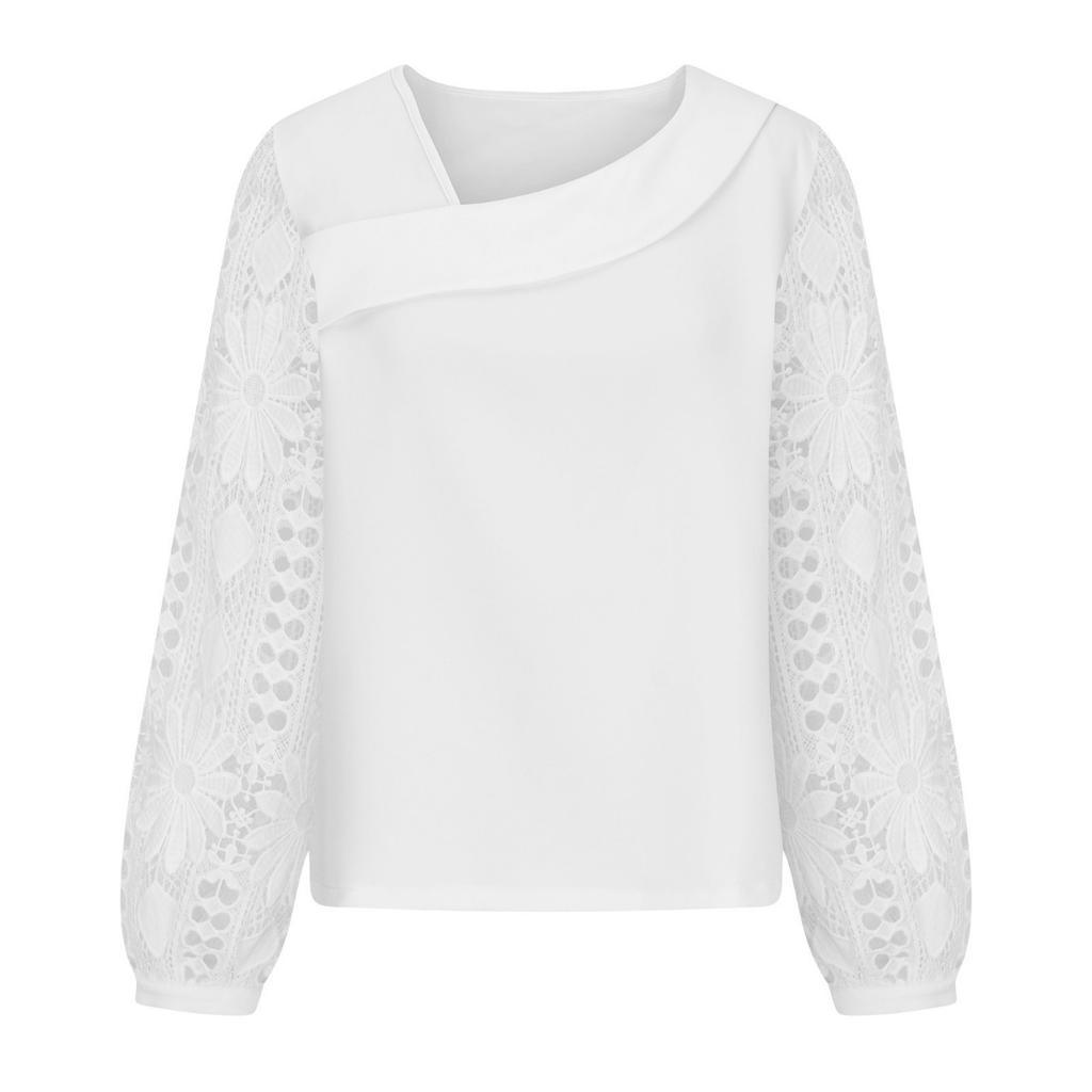 Spring Autumn Women's Lace Splice Knit Top, Elegant Fashion Casual Versatile Blouse For Women, European American Style Outerwear