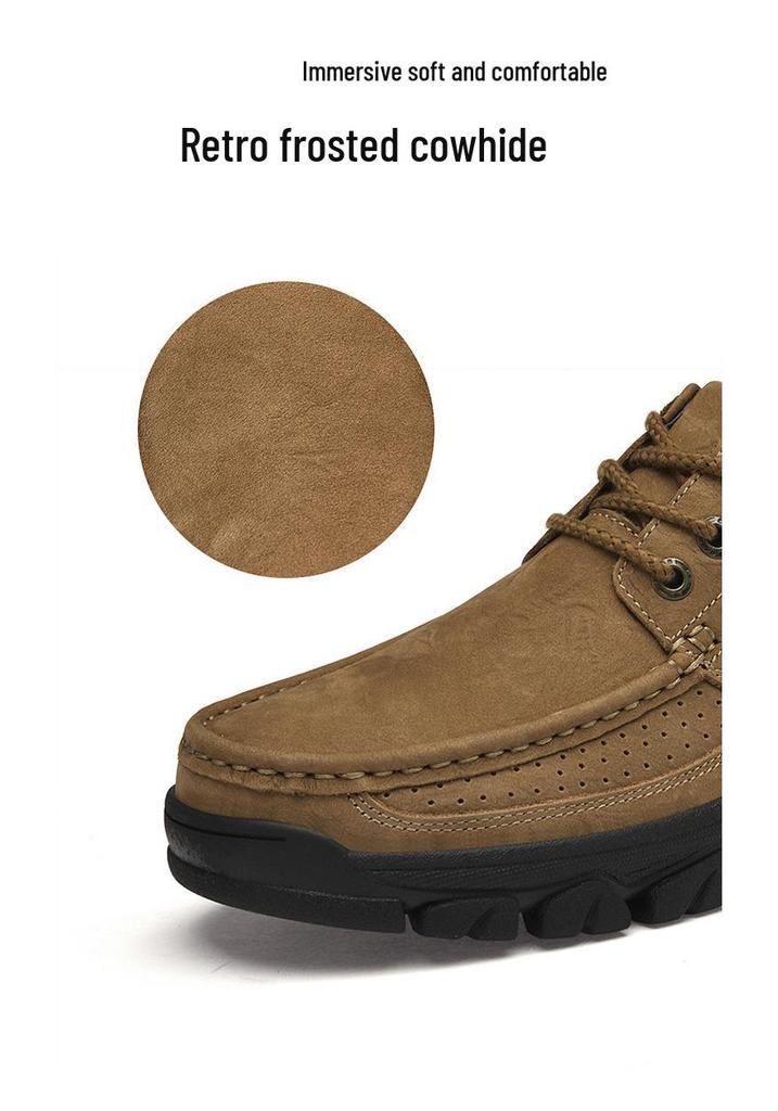 Men's Large Size Genuine Leather Outdoor Mountaineering Shoes - Breathable, Non-slip, Wear-resistant with Thick Sole.