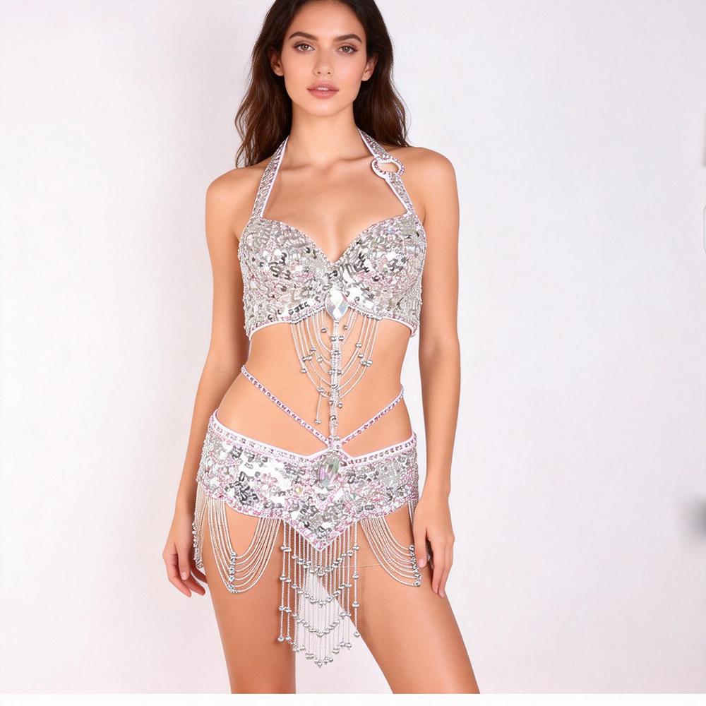 Handmade Beaded Belly Dance Costume Set - Bra & Waistband for Stage or Nightclub