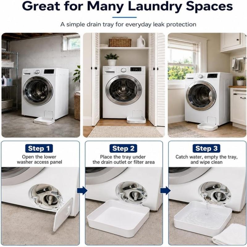 New 1/1pcs Washing Machine Drain Pan,Water Catcher Tray for Front Load Washer Filter Cleaning,Laundry Floor Spill Protector Tool
