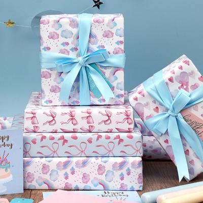 Pink Bow Pattern Paper Rainbow Watercolor Birthday Gift Wrap Diy Craft Paper Charming Christmas Gift Packaging For Christmas Diy