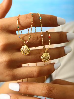 Letní plážová móda Elegantní bohémský styl Nerezová ocel Pozlaceno 18K zlatem Barevný korálkový přívěsek mušle Náhrdelník pro ženy