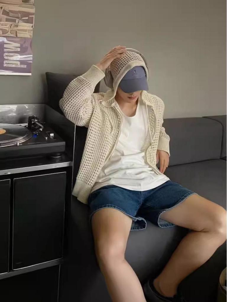 Men's High-Grade Hooded Cardigan - Lightweight Knitted Sweater, Sun-Protective, Hollow Design for Couples.