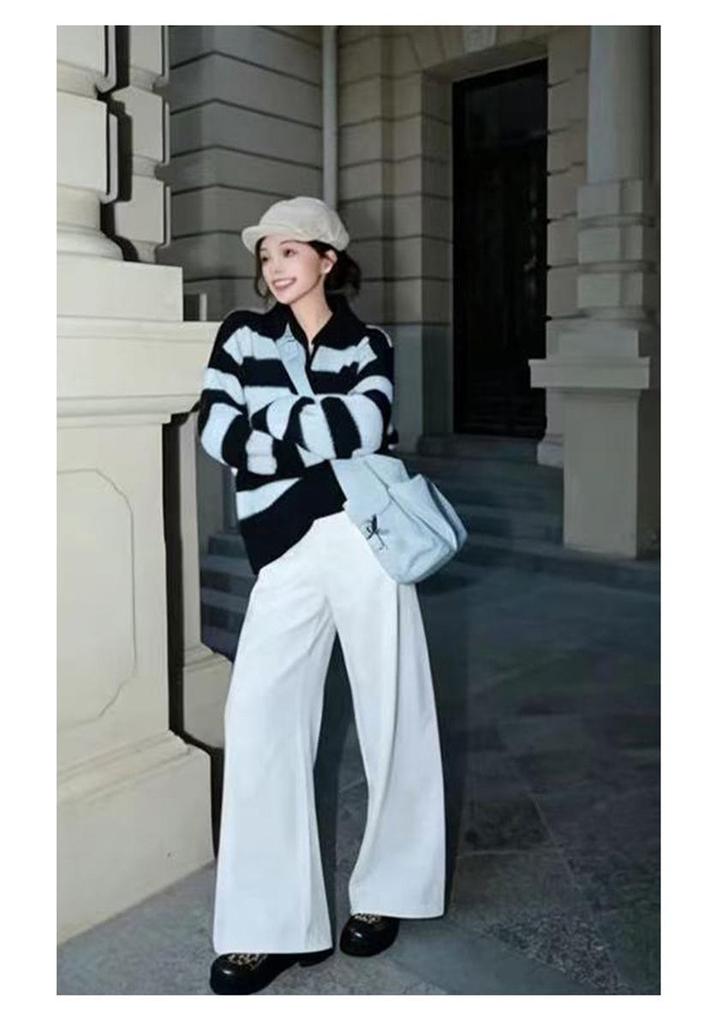 Korean Style Color Block Striped Wool Knit Pullover - Women's Loose Long Sleeve Sweater for Autumn/Winter
