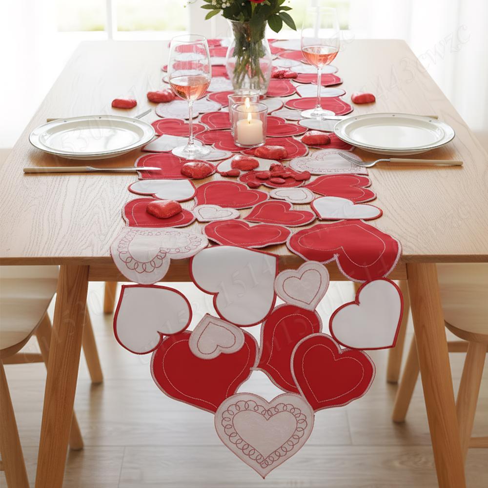 38x176cm Embroidered Valentines Day Tablecloth Reusable Love Heart Pattern Table Runners For Wedding Anniversary Romantic Events