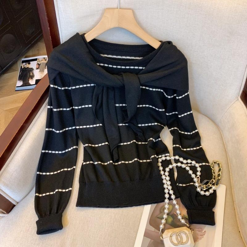 Striped pullover knitted autumn contrasting top with shawl two-piece set